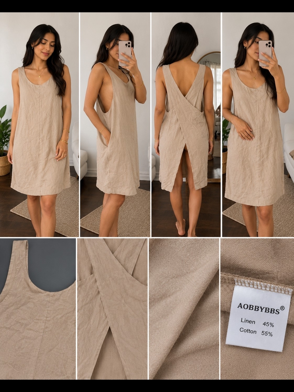 Beige Linen-Cotton Cross-Back Dress